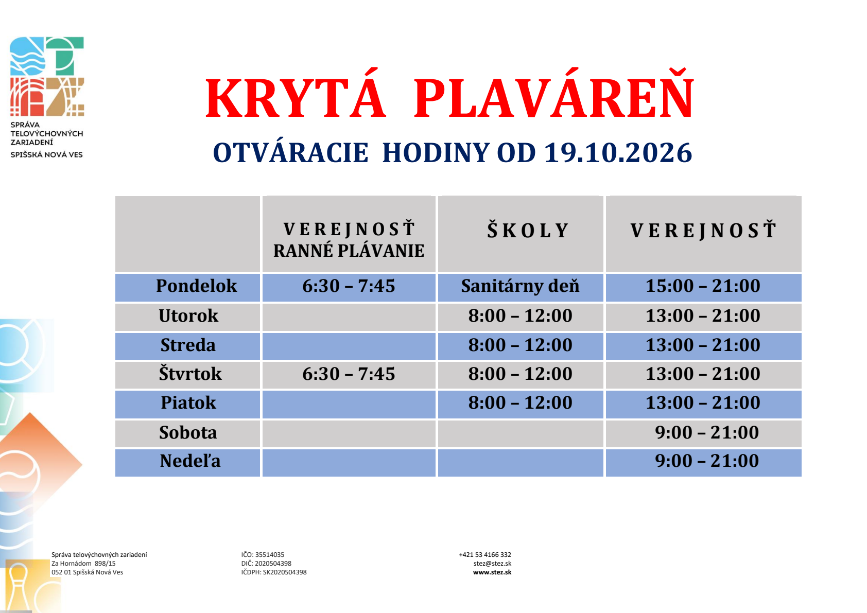 Krytá plaváreň – otváracie hodiny od 19. 10. 2026
